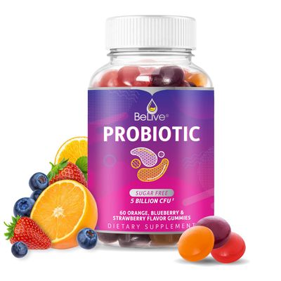 BeLive Probiotic Gummies - Probiotics with 5 Billion CFUs for Digestive Health, Men, Women &amp; Kids - for Immune Support, Sugar Free &amp; Vegan | 60 Ct - Blueberry, Strawberry &amp; Orange