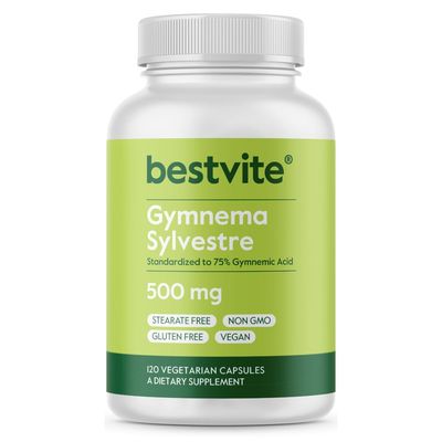 BESTVITE Gymnema Sylvestre 500mg (120 Vegetarian Capsules) - Standardized to 75% Gymnemic Acid - No Stearates - No Fillers - No Flow Agents- Vegan - Non GMO - Gluten Free