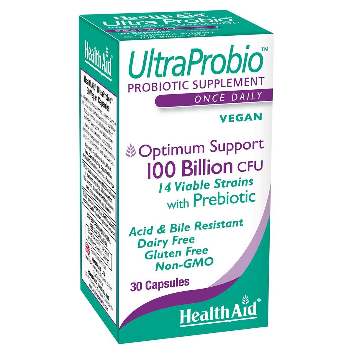 HealthAid UltraProbio, 100 Billion 30ct Once Daily Capsules, Optimum Support, 100 Billion with Prebiotic, Acid &amp; Bile Resistant, Non-GMO