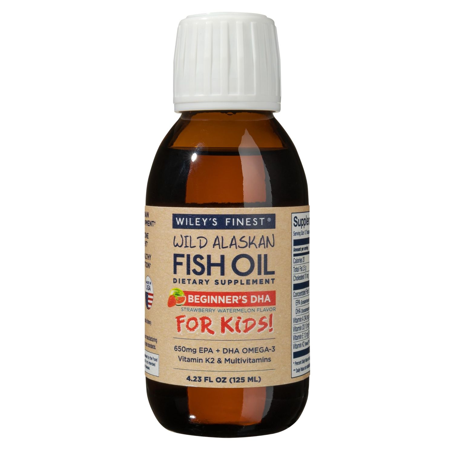 Wiley&#39;s Finest Wild Alaskan Beginners DHA - Liquid Fish Oil Supplement for Kids Ages 1 and Up - 650mg of EPA and DHA Omega-3s - Strawberry Watermelon Flavor - 4.23 Oz (50 Servings)