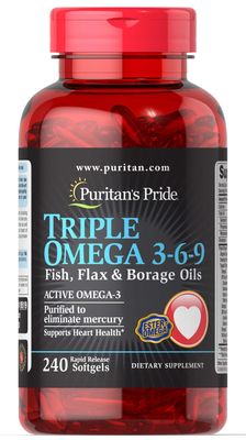 Puritan&#39;s Pride Premium Triple Active Omega 3-6-9 Fish, Flax, and Borage Oils, Dietary Supplement for Heart, Joint, And Cellular Health Support, 240 Rapid Release Softgels