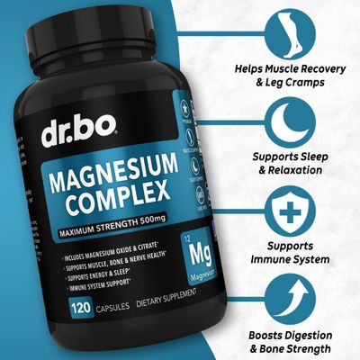 Magnesium Complex Supplement Capsules 500mg - Support Energy, Relaxation, Leg Cramps &amp; Legs - Help Aid Muscle Support Supplements - High Absorption Premium Mag Citrate Oxide - 120 Capsules