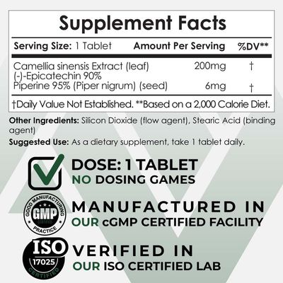 Nootropics Depot Epicatechin 90% Tablets | 200mg | 30 Count | ()-epicatechin + 6mg Piperine to Promote Bioavailability | Promotes Cardiovascular Health | Promotes Strength + Muscle Function