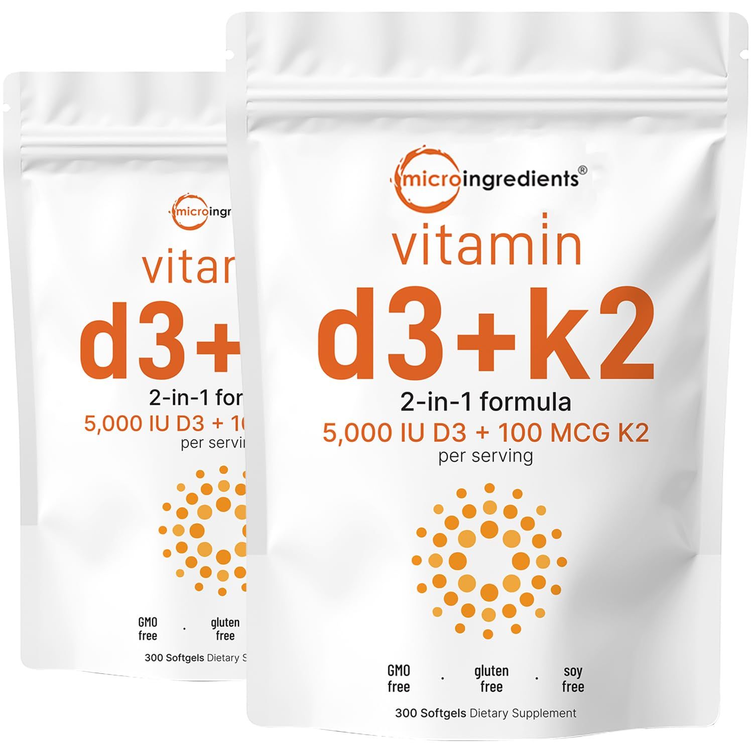 2 Pack Vitamin D3 5000IU Plus K2, 2 in 1 Formula, Vitamin D3 Liquid with Vitamin K2, 300 Soft-Gels, Immune Vitamin Complex with Virgin Sunflower Seed Oil, Support Your Heart, Teeth &amp; Joint Health