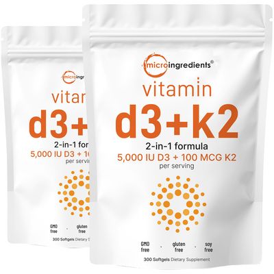 2 Pack Vitamin D3 5000IU Plus K2, 2 in 1 Formula, Vitamin D3 Liquid with Vitamin K2, 300 Soft-Gels, Immune Vitamin Complex with Virgin Sunflower Seed Oil, Support Your Heart, Teeth &amp; Joint Health