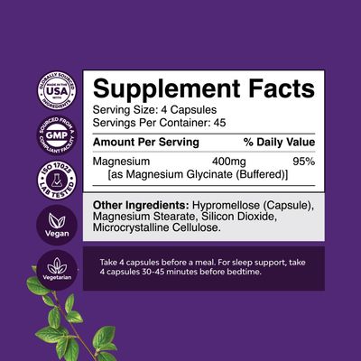 Pure Magnesium Glycinate 400mg Per Serving - Vegan High Absorption Chelated Magnesium Capsules for Women &amp; Men with Elemental Magnesium 400mg for Mood Sleep and Relaxation Support - 45 Servings