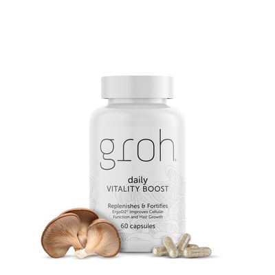 Groh Daily Vitality Boost - All Natural Hair Growth Supplement powered by ErgoD2 - Rich in Antioxidants - Vitamins for Stronger Hair, Skin &amp; Nails- Best Choice for Thinning Hair - 60 Count