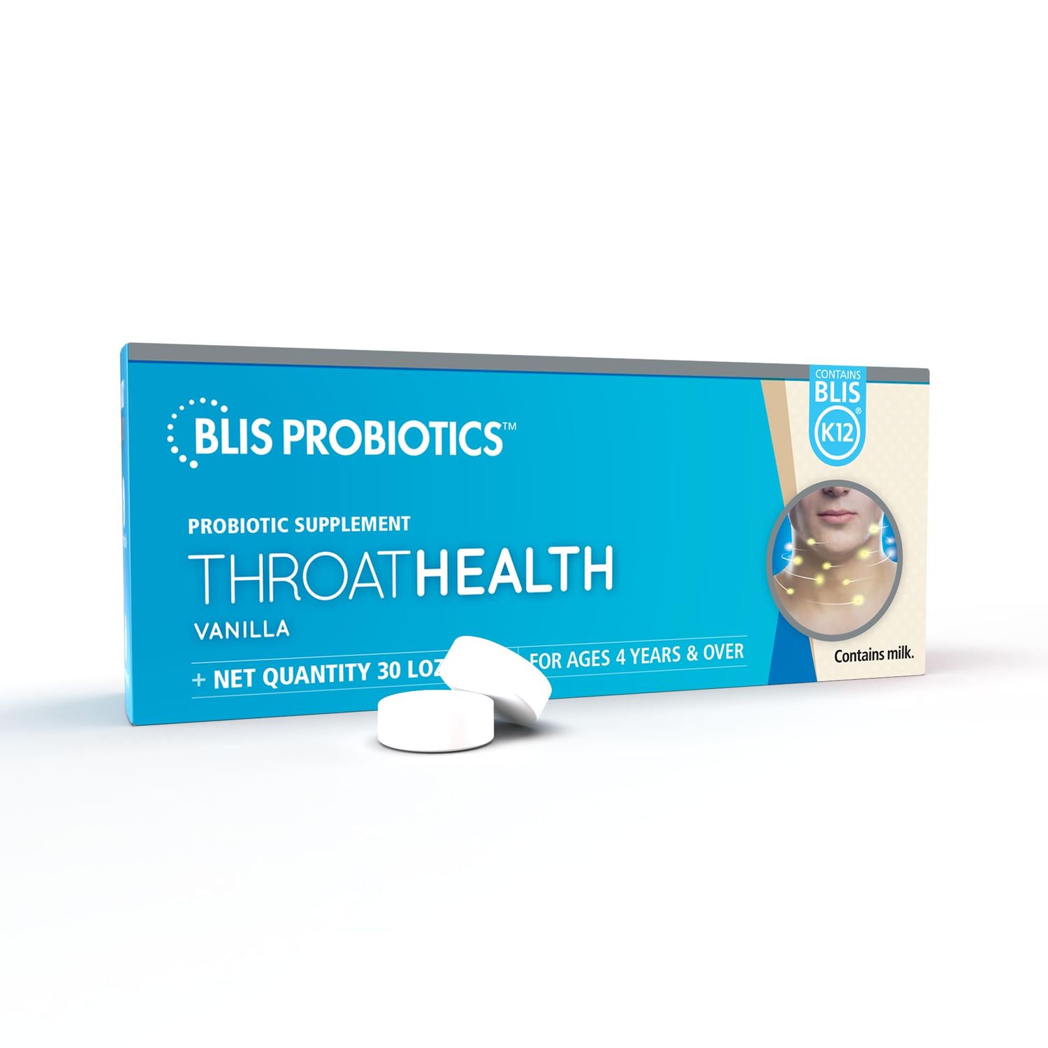 BLIS Probiotics ThroatHealth Oral Probiotics k12 2.5 Billion Cfu, Throat Immunity Support &amp; Oral Health for Adults &amp; Kids, Sugar-Free Lozenges (30 Pack)