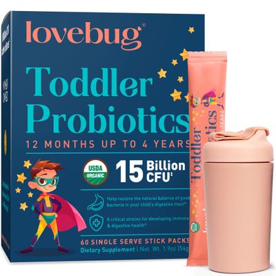 Lovebug Award Winning Probiotics | Constipation &amp; Stomach Discomfort | Softer Bowel Movements | Easy-to-Take Powder | Ages 12 Months to 4 Years | 60 Packets