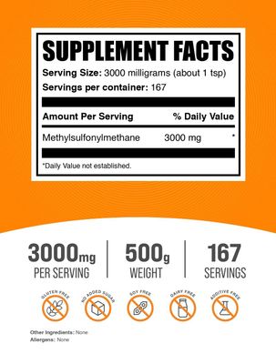 BulkSupplements.com MSM Powder - Methylsulfonylmethane, MSM Supplement - MSM Pure Powder, MSM 3000mg - for Joint Health, Gluten Free, 3000mg per Serving, 500g (1.1 lbs) (Pack of 1)