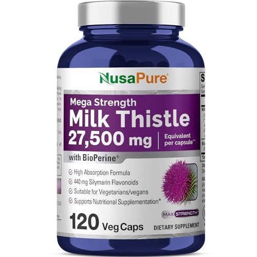 NusaPure Milk Thistle Extract 27,500mg 120 Veggie Capsules (50:1 Extract, Non-GMO, Vegan) Max Strength - Standardized 80% Silymarin, Bioperine
