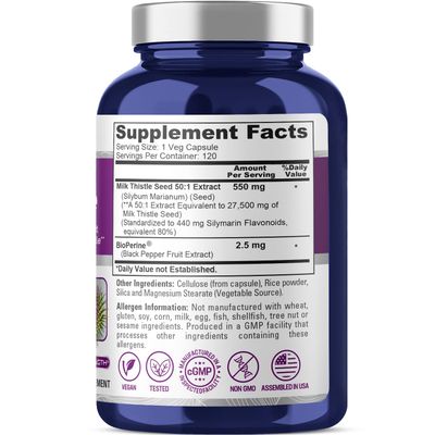 NusaPure Milk Thistle Extract 27,500mg 120 Veggie Capsules (50:1 Extract, Non-GMO, Vegan) Max Strength - Standardized 80% Silymarin, Bioperine