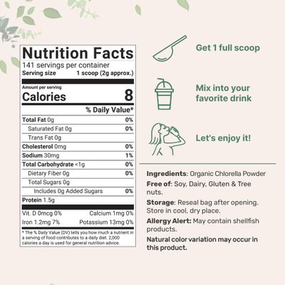 Micro Ingredients Organic Chlorella Powder, 10 Ounce, Broken Cell Wall, Rich in Vegan Proteins &amp; Vitamins, Raw, Bulk Premium Chlorella Supplement, Vegan Friendly, Non-Irradiation