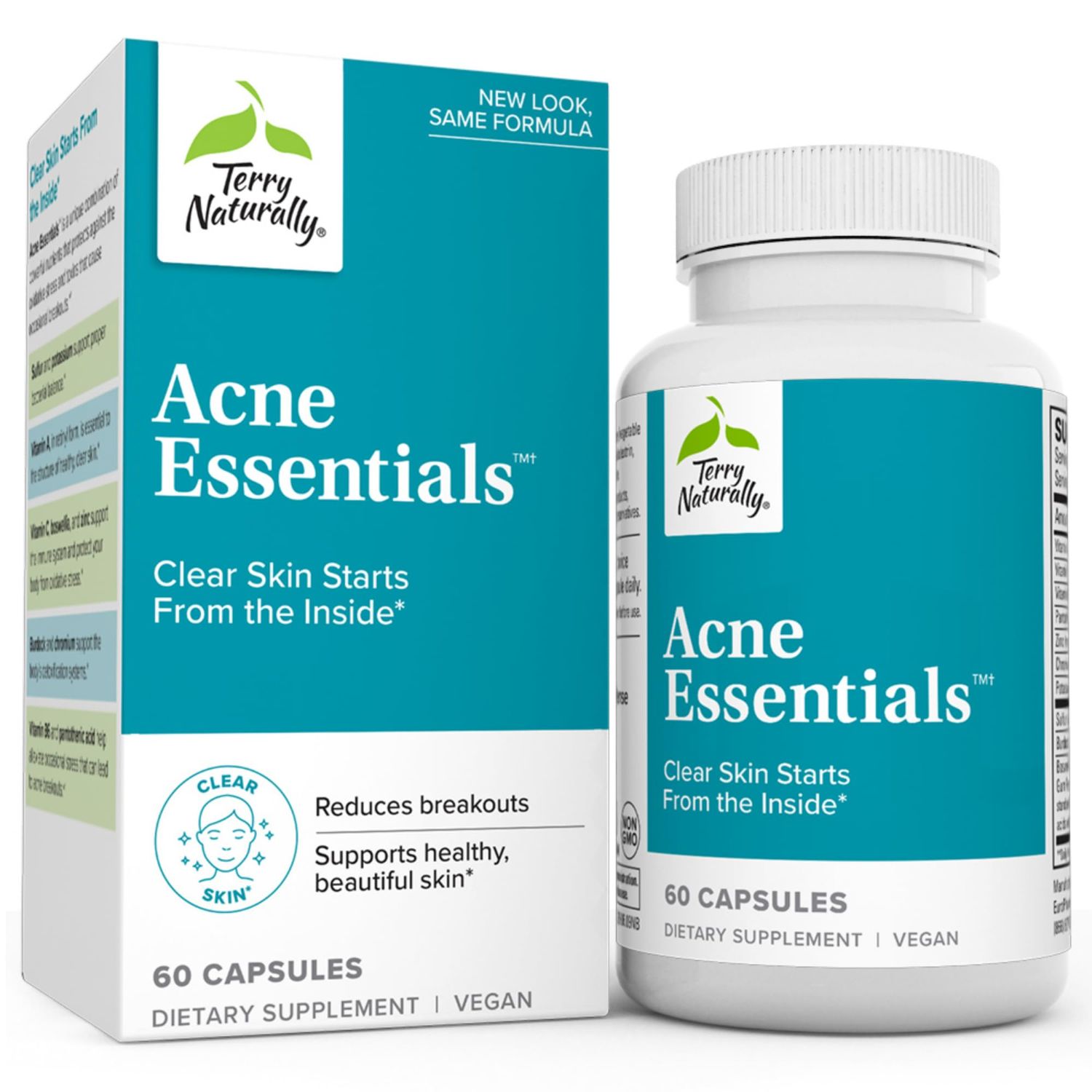 Terry Naturally Acne Essentials - 60 Capsules - Reduces Breakouts, Supports Healthy Skin - Vegan, Non-GMO, Gluten Free - 60 Servings