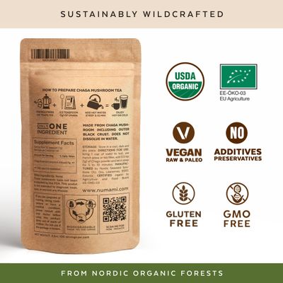 Organic Chaga Mushrooms Powder - Fine Powder to Make Chaga Tea for Immune Defense and More Energy, Organic Chaga is Wild Grown and Sustainably Harvested in Europe, Certified USDA Organic, 100 servings