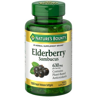Nature&#39;s Bounty Sambucus Elderberry Herbal Supplement, Rapid Release Softgels, 630 mg per Serving, 120 Count