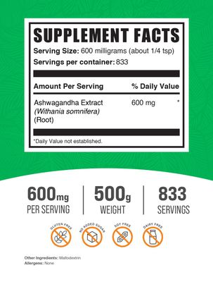 BulkSupplements.com Ashwagandha Root Extract Powder - Ashwagandha Supplement, Ashwagandha Powder - from Ashwagandha Root - Vegan & Gluten Free, 600mg per Serving, 500g (1.1 lbs) (Pack of 1)