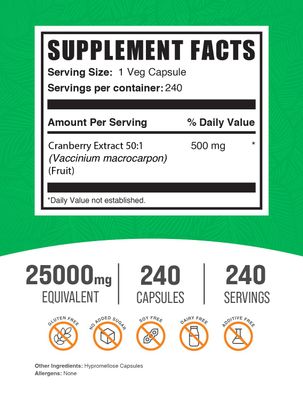BulkSupplements.com Cranberry Extract Capsules - Cranberry Capsules, Cranberry Supplement, Cranberry Pills for Women - Vegan, 1 Capsule (25000mg Equivalent) per Serving, 240 Veg Capsules