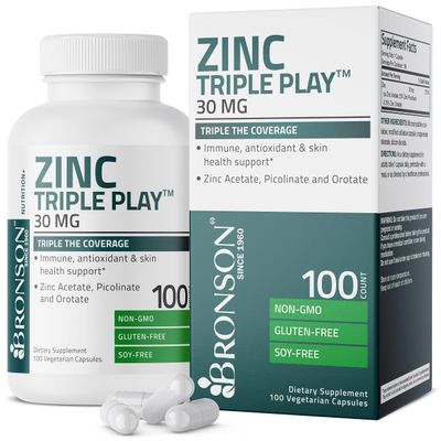 Bronson Zinc Triple Play 30 mg Triple Coverage Immune Support Zinc Supplement with Zinc Acetate, Picolinate &amp; Orotate - Immune, Antioxidant &amp; Skin Health Support - 100 Vegetarian Capsules