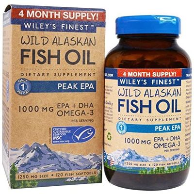 Wiley&#39;s Finest Wild Alaskan Fish Oil Peak EPA - Triple Strength Peak EPA and DHA - 1000mg Omega-3s, SQF-Certified - 120 Softgels (120 Servings)