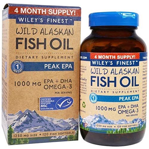 Wiley&#39;s Finest Wild Alaskan Fish Oil Peak EPA - Triple Strength Peak EPA and DHA - 1000mg Omega-3s, SQF-Certified - 120 Softgels (120 Servings)