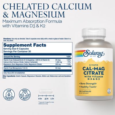 Solaray Cal-Mag Citrate 2:1 with D-3 &amp; K-2 Capsules 180 Count