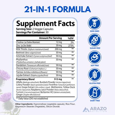 Arazo Nutrition Liver Cleanse Detox & Repair Formula - Milk Thistle Herbal Support Supplement: Silymarin, Beet, Artichoke, Dandelion, Chicory Root