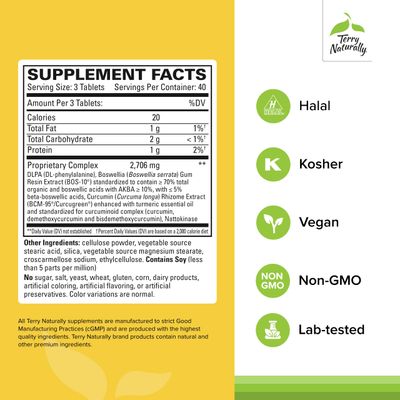 Terry Naturally Curamin Extra Strength - 120 Tablets - Non-Addictive Pain Relief Supplement with Curcumin, Boswellia, DLPA & Nattokinase - Non-GMO, Vegan - 40 Servings