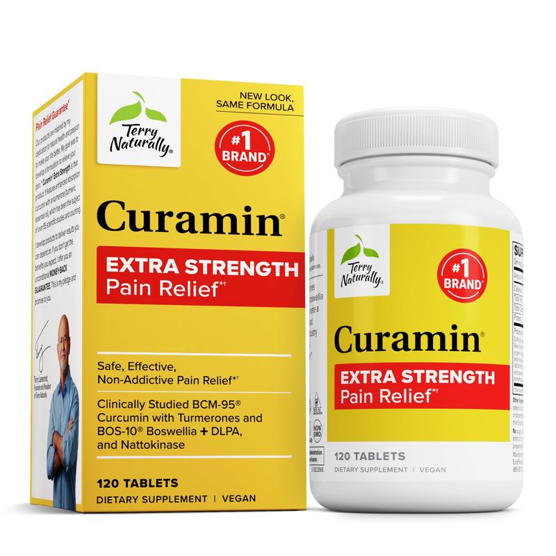 Terry Naturally Curamin Extra Strength - 120 Tablets - Non-Addictive Pain Relief Supplement with Curcumin, Boswellia, DLPA &amp; Nattokinase - Non-GMO, Vegan - 40 Servings