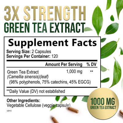 Green Tea Extract Capsules 1000mg 98% Standardized EGCG - 3X Strength for Natural Energy - Heart Support with Polyphenols - Gentle Caffeine - 240 Capsules