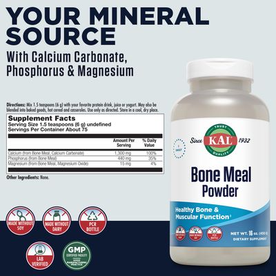 KAL Bone Meal Powder | Sterilized &amp; Edible Supplement Rich in Calcium, Phosphorus, Magnesium | For Bones, Teeth, Nerves, Muscular Function | 16 oz