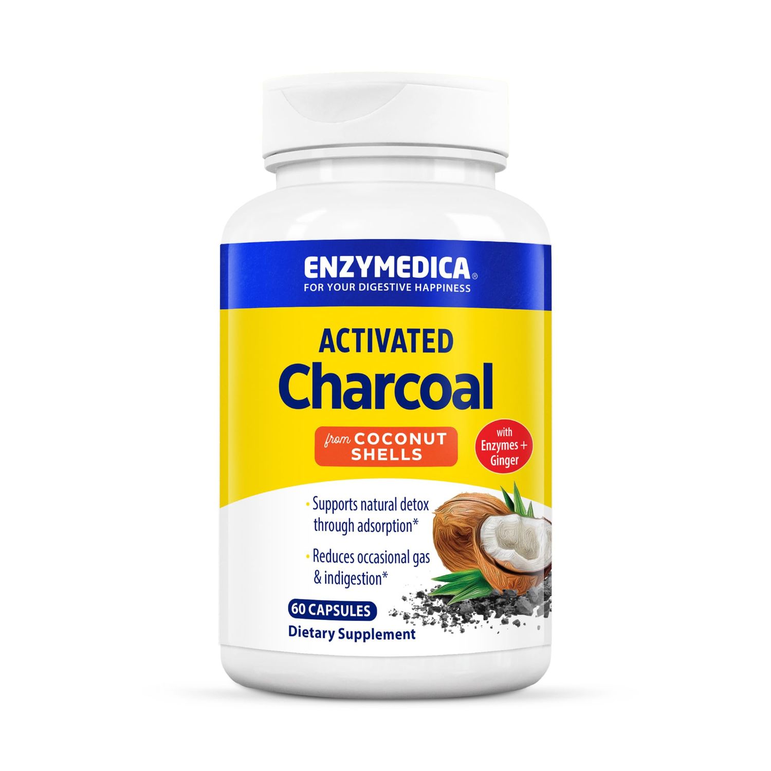 Enzymedica, Activated Charcoal, Reduces Occasional Gas, Bloating &amp; Indigestion, Supports Natural Detox, 60 Count