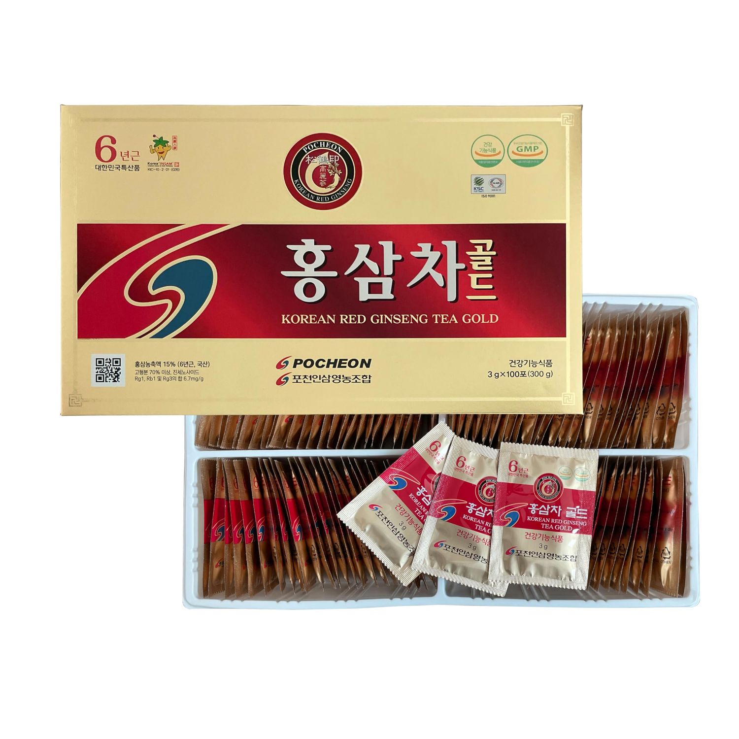 Pocheon 300g(10.6oz), Korean 6Years Panax Red Ginseng Root Extract Tea Gold, 100 Tea Bags, 15% Ginseng Extract, Natural Immune Support