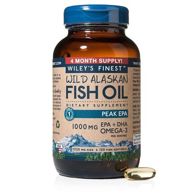 Wiley's Finest Wild Alaskan Fish Oil Peak EPA - Triple Strength Peak EPA and DHA - 1000mg Omega-3s, SQF-Certified - 120 Softgels (120 Servings)