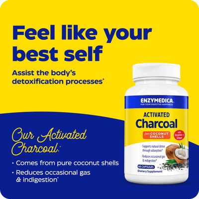 Enzymedica, Activated Charcoal, Reduces Occasional Gas, Bloating &amp; Indigestion, Supports Natural Detox, 60 Count