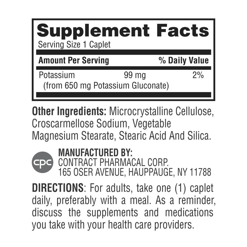 Earth's Splendor Potassium Gluconate 99mg Tablets - Supports Muscle and Nerve Health for Adults, 100 Count - 6 + Month Supply