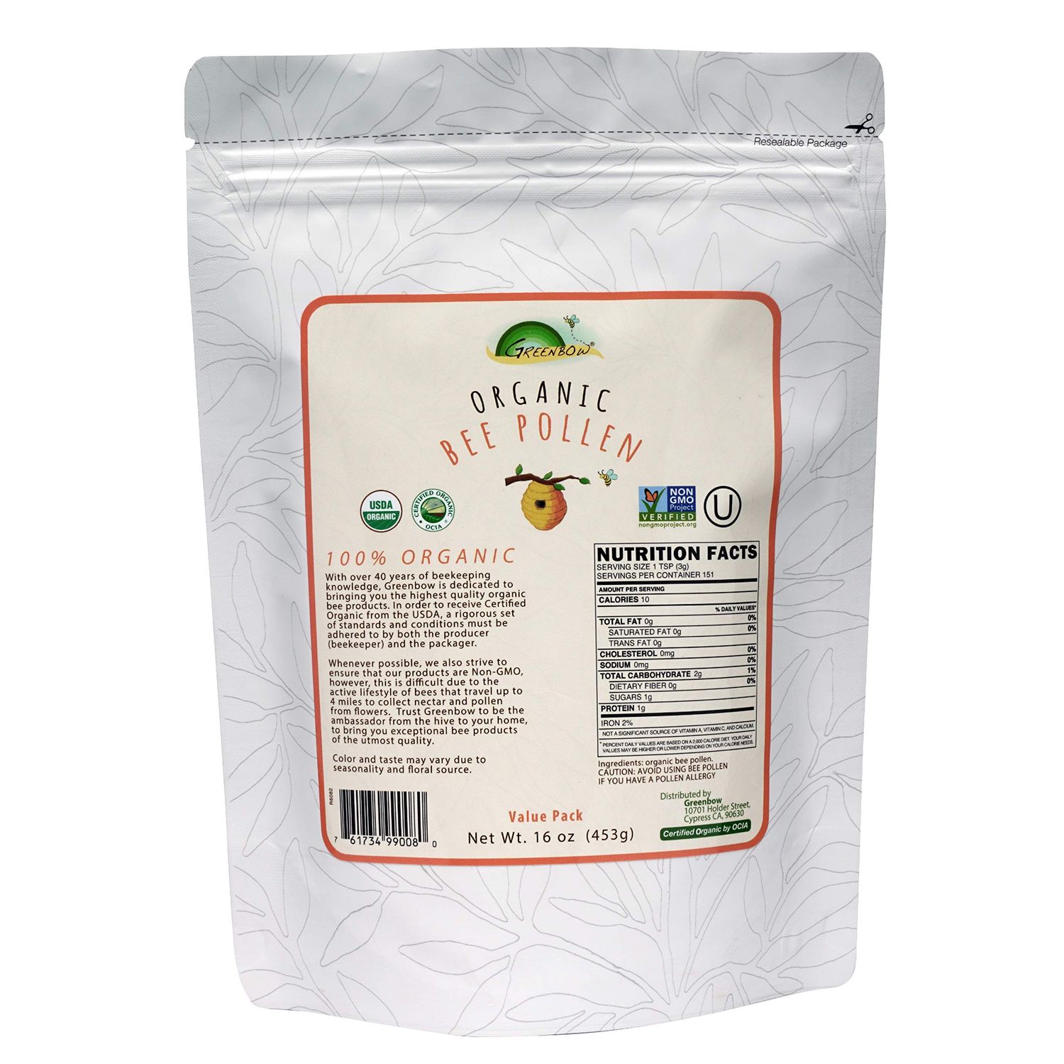 Greenbow Organic Bee Pollen - 100% USDA Certified Organic, Non-GMO, Halal, Kosher Certified, Pure &amp; Natural Bee Pollen - Superfood Packed with Proteins, Vitamins &amp; Minerals - Gluten Free - 16oz (453g)