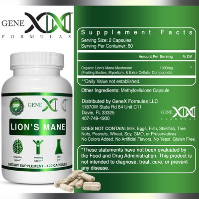 Genex Formulas Lions Mane Supplement with 100% Lions Mane Extract - Nootropics Brain Support Supplement 1000mg/serving - (120 Capsules)