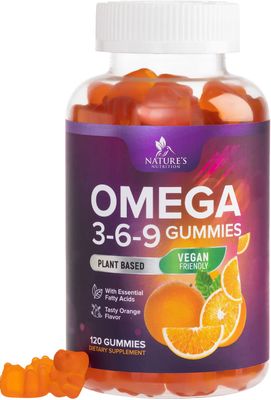 Omega 3 6 9 Vegan Gummies - Triple Strength Omega 3 Supplement Essential Oil Gummy - Omega 369 Heart Support and Brain Support for Women, Men &amp; Pregnant Women, Non-GMO, Orange Flavor - 120 Gummies
