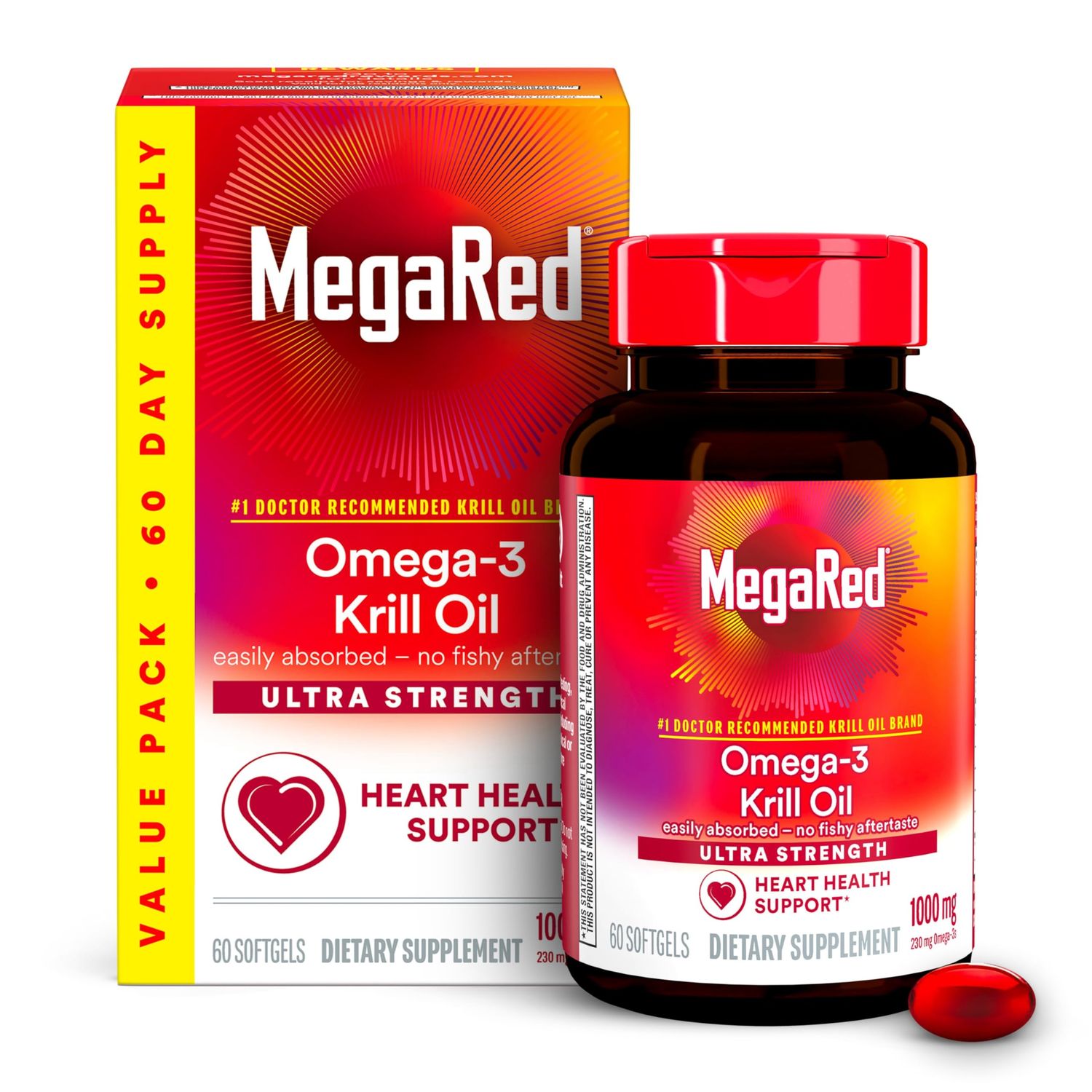MegaRed Antarctic Krill Oil 1000mg, Omega 3 Fatty Acid Supplement, Ultra Concentrate EPA &amp; DHA Softgels, Antioxidant Astaxanthin, Heart Health Supplement With No Fish Oil Aftertaste, 60ct