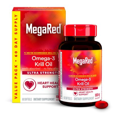MegaRed Antarctic Krill Oil 1000mg, Omega 3 Fatty Acid Supplement, Ultra Concentrate EPA &amp; DHA Softgels, Antioxidant Astaxanthin, Heart Health Supplement With No Fish Oil Aftertaste, 60ct
