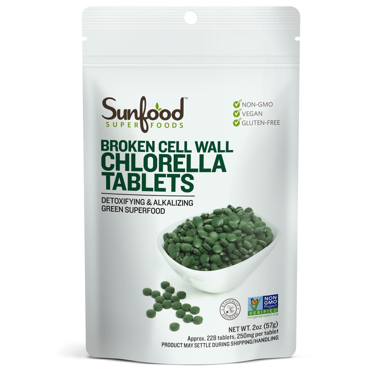 Sunfood Superfoods Chlorella Tablets | Broken Cell Wall | Pure, Single Ingredient Product | Ultra Clean- No Additives, Fillers, Preservatives, Chemicals | 250 mg Chlorella Tablets | 225 Count | 2 oz