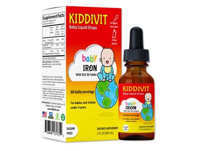 Kiddivit Baby Iron Liquid Drops with Vitamin B12 &amp; Folate - 60 Daily Servings, 2 Fl Oz (60 mL) - Inulin Fortified (Prebiotic, Dietary Fiber) - Sugar Free, Gluten Free, Vegetarian Friendly