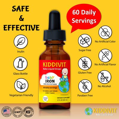 Kiddivit Baby Iron Liquid Drops with Vitamin B12 &amp; Folate - 60 Daily Servings, 2 Fl Oz (60 mL) - Inulin Fortified (Prebiotic, Dietary Fiber) - Sugar Free, Gluten Free, Vegetarian Friendly
