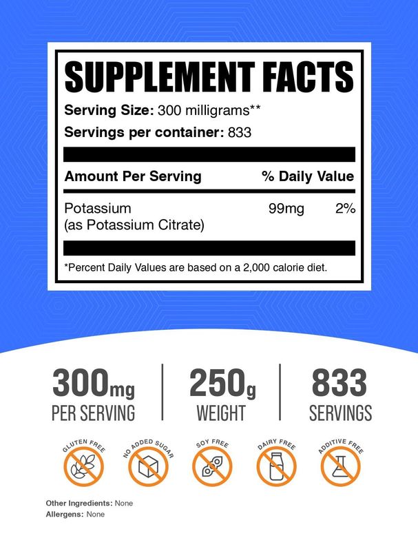 BulkSupplements.com Potassium Citrate Powder - Potassium Citrate Supplement, Potassium Powder, Potassium 99mg - Gluten Free, 300mg per Serving, 250g (8.8 oz) (Pack of 1)
