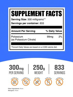 BulkSupplements.com Potassium Citrate Powder - Potassium Citrate Supplement, Potassium Powder, Potassium 99mg - Gluten Free, 300mg per Serving, 250g (8.8 oz) (Pack of 1)