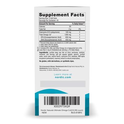 Nordic Naturals Ultimate Omega + CoQ10, Lemon - 90 Soft Gels - 1280 mg Omega-3 + 100 mg CoQ10 - Heart Health, Cellular Energy, Antioxidant Support - Non-GMO - 45 Servings