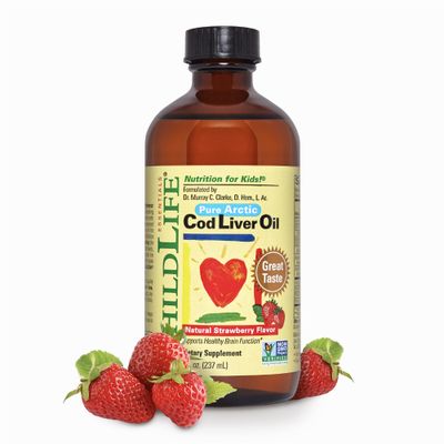 CHILDLIFE Essentials Cod Liver Oil for Kids - Kids Cod Liver Oil Liquid, Arctic Cod Liver Oil for Babies 6+ Months, Toddlers, &amp; Kids, Added DHA, EPA, Omega-3 Fatty Acids - Strawberry, 8 fl oz