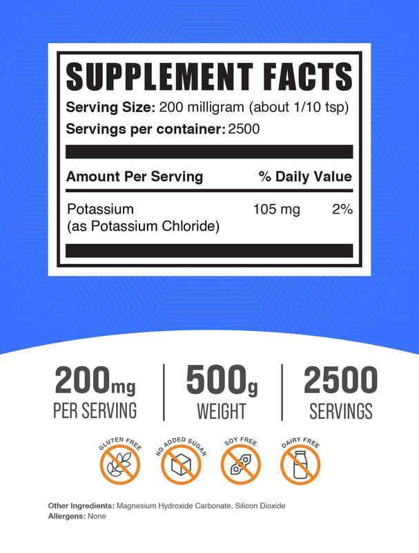 BulkSupplements.com Potassium Chloride Powder - Potassium Supplement Powder, Potassium Chloride Salt Substitute, Potassium Salt - Gluten Free, 200mg per Serving, 500g (1.1 lbs) (Pack of 1)