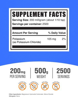 BulkSupplements.com Potassium Chloride Powder - Potassium Supplement Powder, Potassium Chloride Salt Substitute, Potassium Salt - Gluten Free, 200mg per Serving, 500g (1.1 lbs) (Pack of 1)